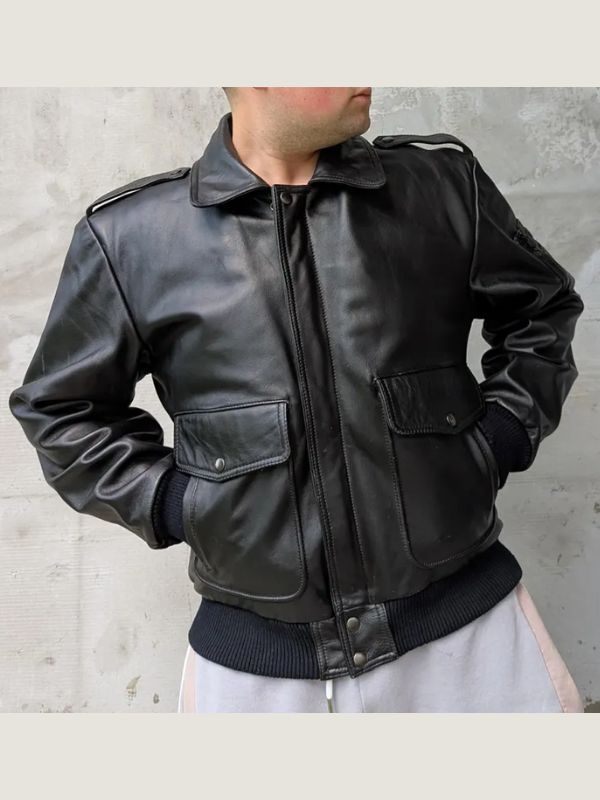 Men's Classic Flap Pockets Black Leather Bomber Jacket