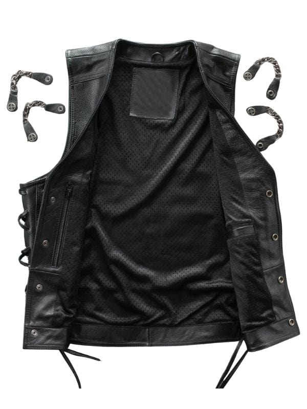 Thread Masters INC Men’s Biker Sleeveless Lace Black Leather Waistcoat