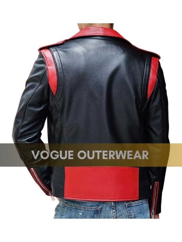 Thread Masters INC Men’s Black Biker Red Lapel Collar Leather Jacket