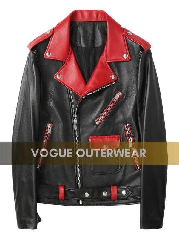 Thread Masters INC Men’s Black Biker Red Lapel Collar Leather Jacket