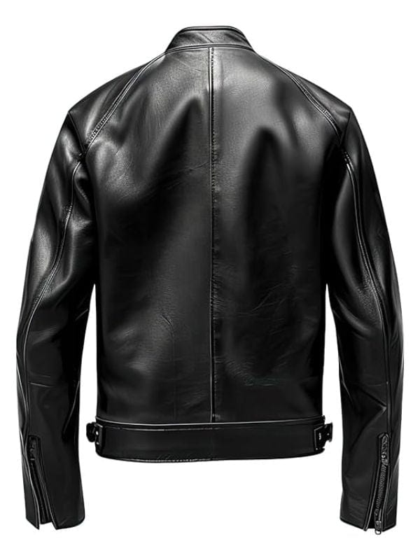 Thread Masters INC Men’s Black Genuine Sheepskin Café Racer Leather Jacket