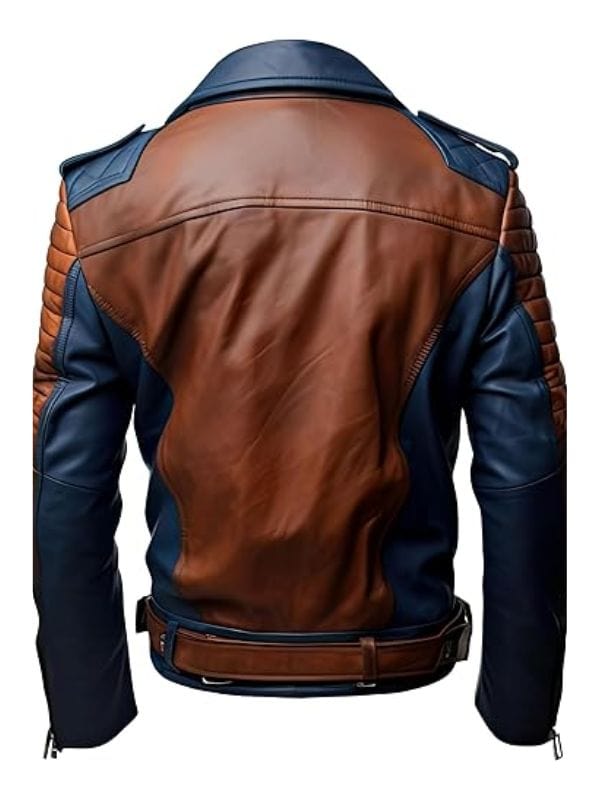 Thread Masters INC Men’s Brown Blue Genuine Sheepskin Biker Quilted Racer Leather Jacket