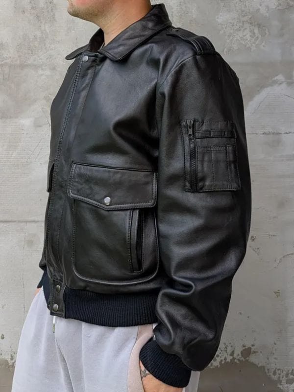 Thread Masters INC Men's Classic Flap Pockets Black Leather Bomber Jacket