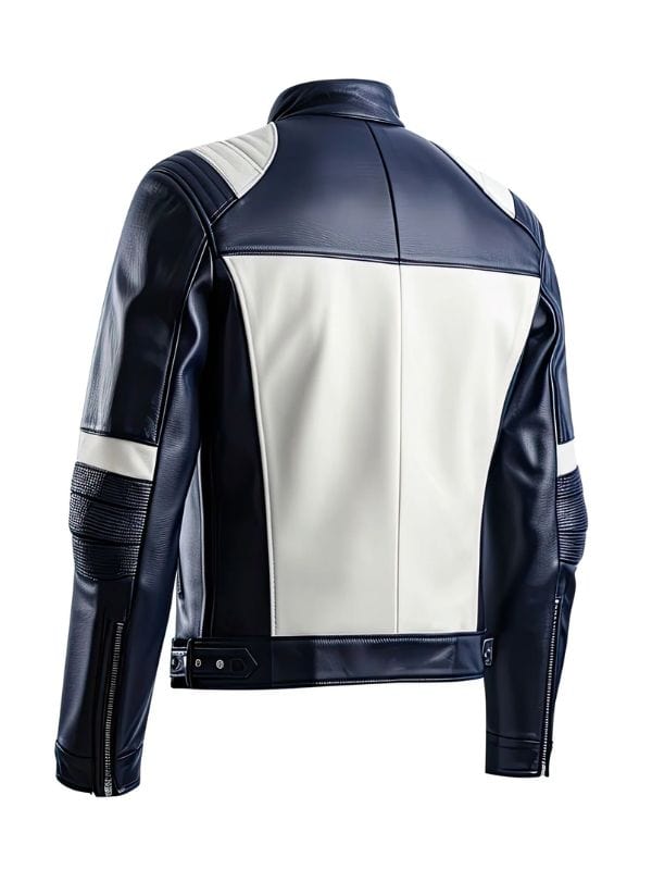 Thread Masters INC Men’s Navy Blue White Quilted Cafe Racer Leather Jacket
