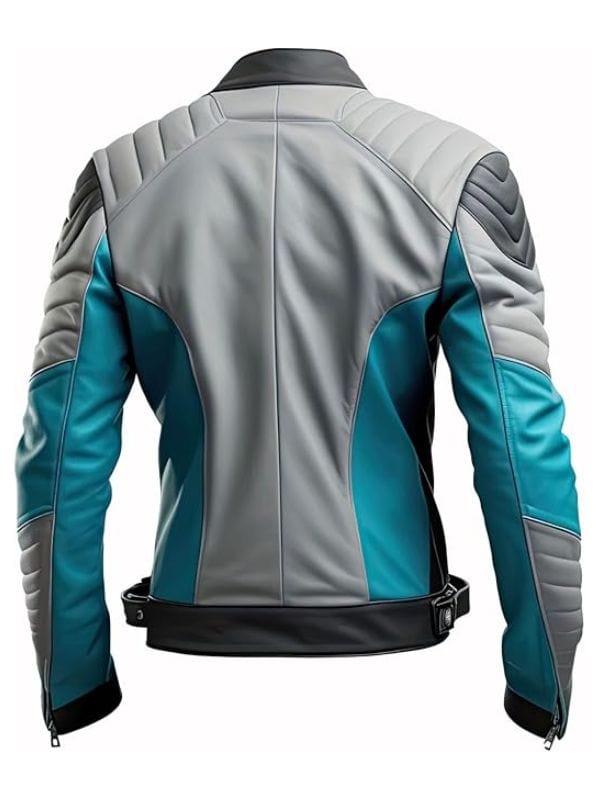 Thread Masters INC Men's Turquoise Blue Black Sheepskin Quilted Shoulders Leather Jacket