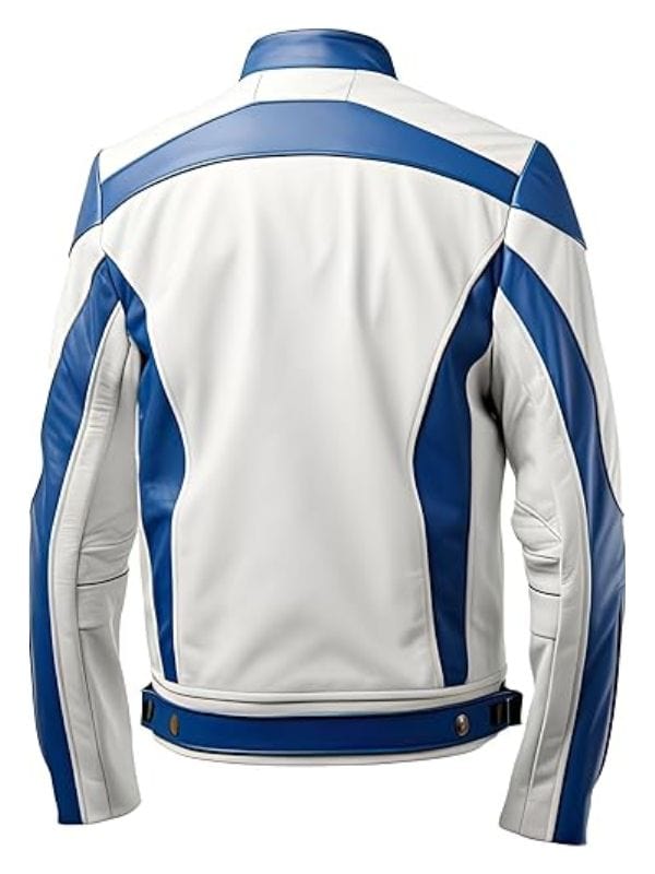 Thread Masters INC Men’s White Royal Blue Sheepskin Moto Biker Cool Leather Jacket