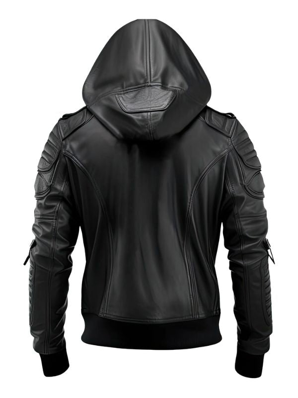 Men’s Stylish Hooded Black Genuine Leather Bomber Jacket