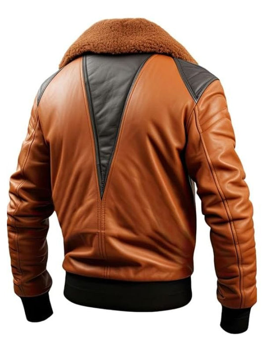 Thread Masters INC Mens A2 Aviator Sheepskin Fur Collar Brown Bomber Leather Jacket