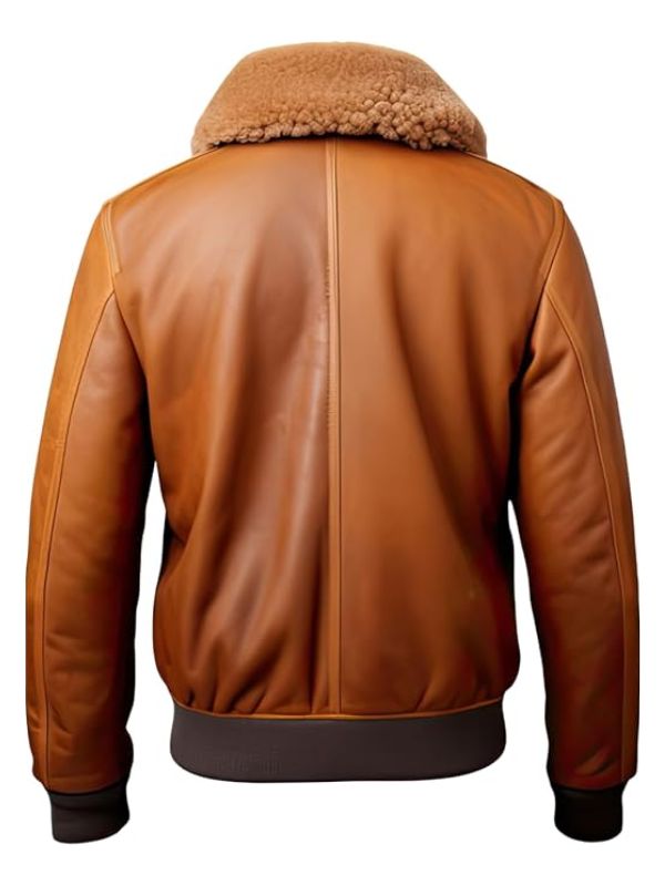 Mens A2 Genuine Sheepskin Fur Collar Brown Bomber Leather Jacket