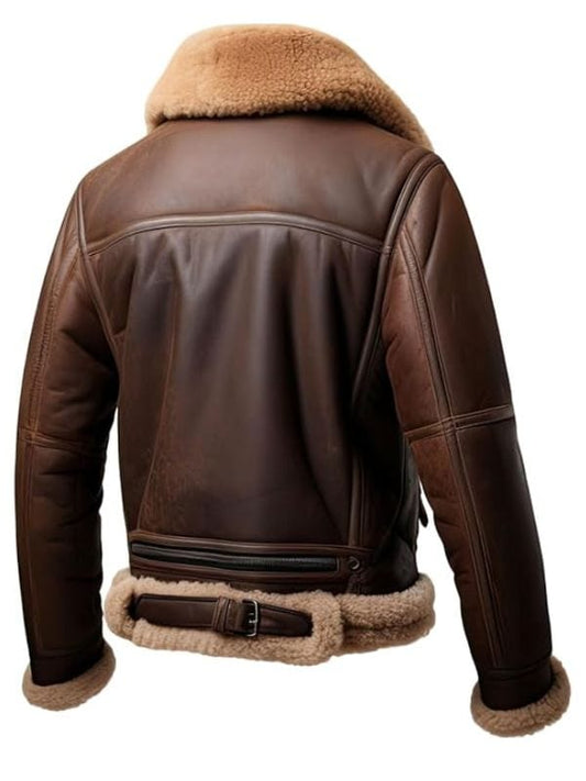 Thread Masters INC Mens B3 Aviator Bomber Genuine Sheepskin Fur Brown Leather Jacket