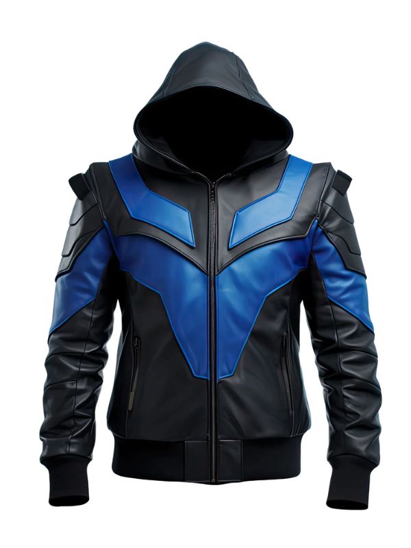 Men's Blue and Black Punk Hooded Bomber Leather Jacket