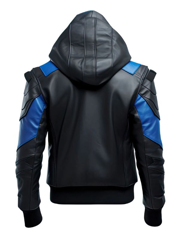 Men's Blue and Black Punk Hooded Bomber Leather Jacket