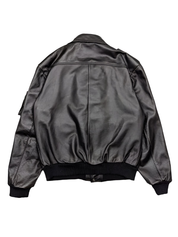 Men's Classic Flap Pockets Black Leather Bomber Jacket