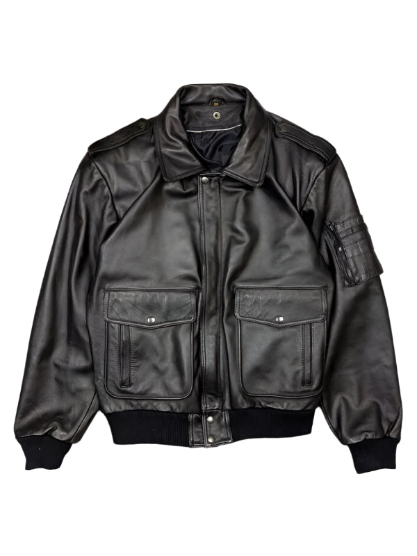 Men's Classic Flap Pockets Black Leather Bomber Jacket