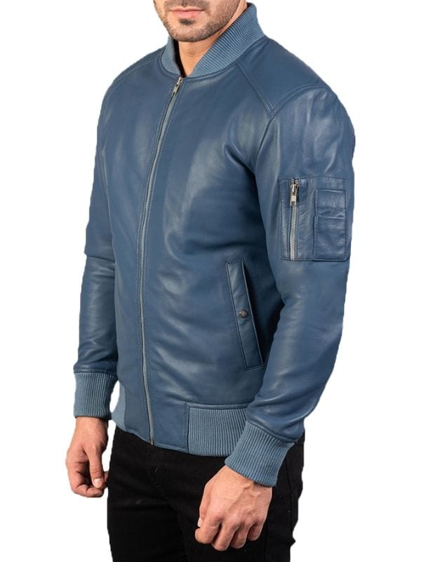 Thread Masters INC Mens Classical Blue Bomber Leather Jacket