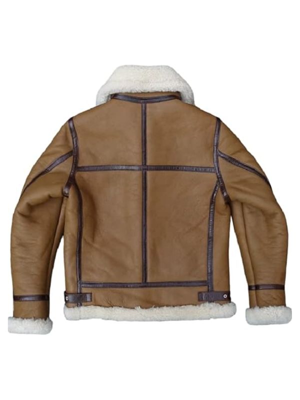Brown leather jacket with white fur lining on a white background