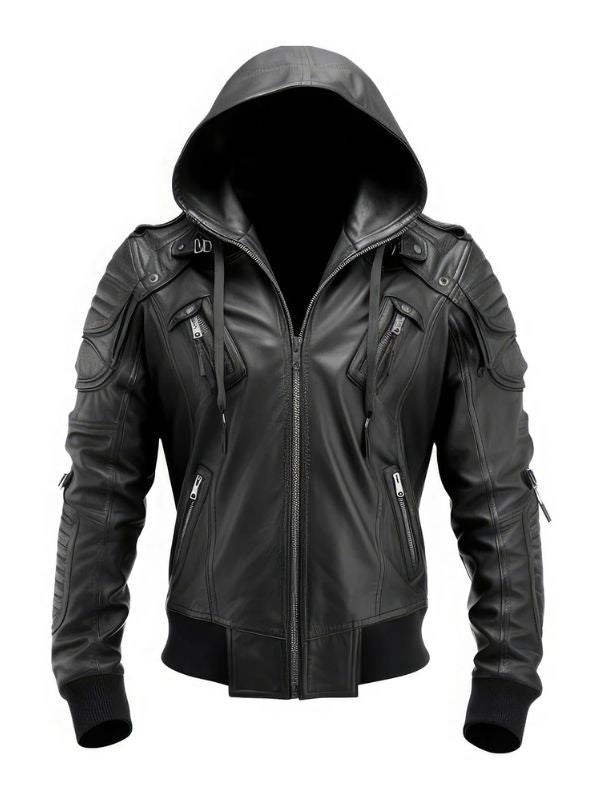 Men’s Stylish Hooded Black Genuine Leather Bomber Jacket