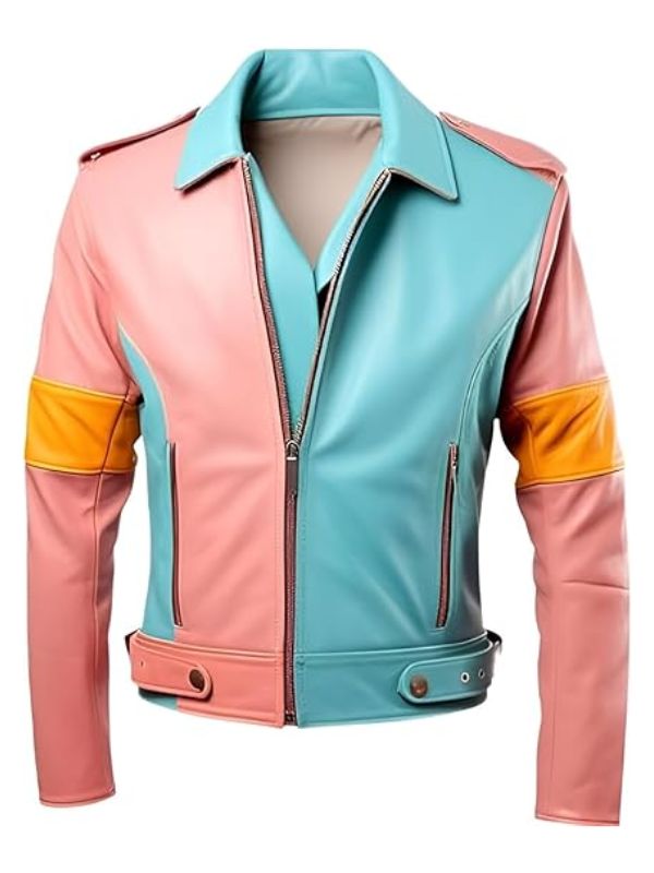 Colorful leather jacket with pink, blue, and orange sections on a white background