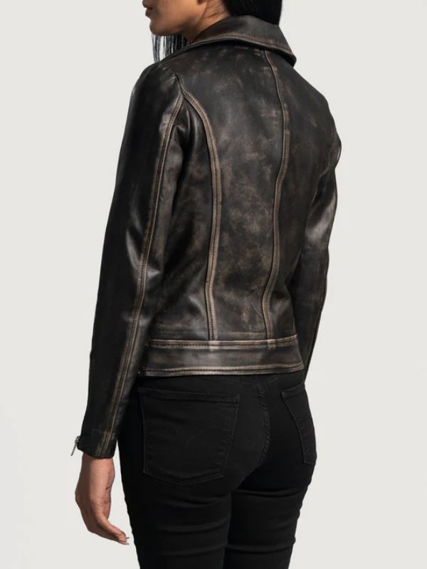 Person wearing a dark brown leather jacket on a white background