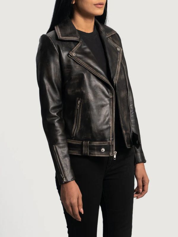 distressed brown leather jacket worn by a person on a white background
