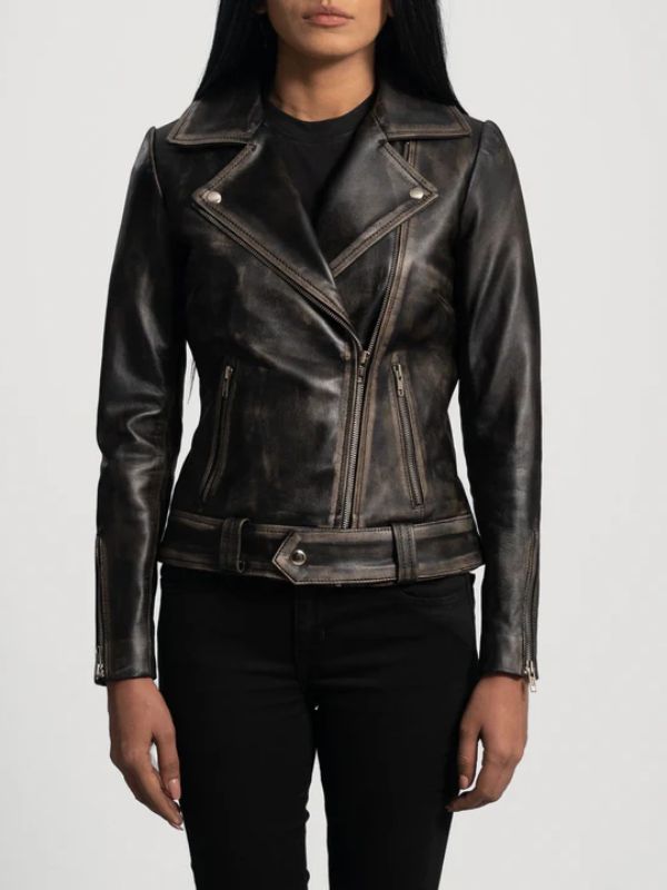 distressed brown leather jacket worn by a person on a white background