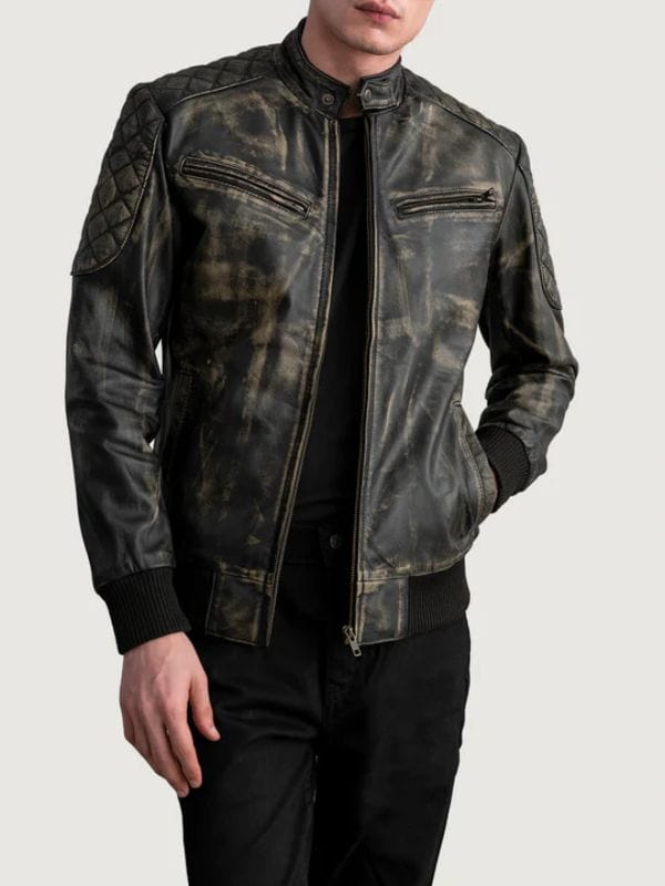 Thread Masters INC Sven Quilted Shoulders Distressed Brown Leather Bomber Jacket