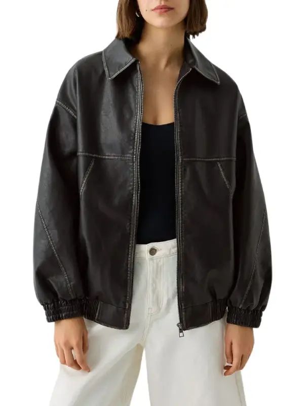 Vintage Black Oversized Bomber Leather Jacket