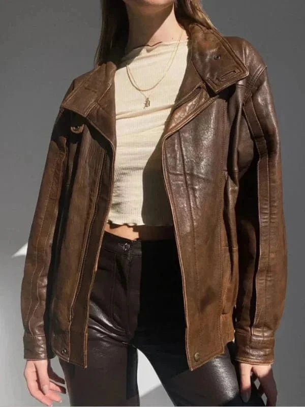 Thread Masters INC Women 90s Oversized Vintage Brown Leather Jacket