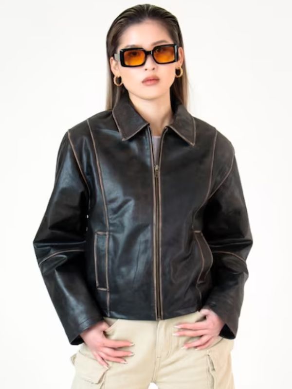 Women's 90s Vintage Distressed Dark Brown Leather Jacket
