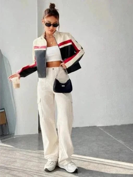 Thread Masters INC Women Oversized Colorblock Cropped leather Jacket