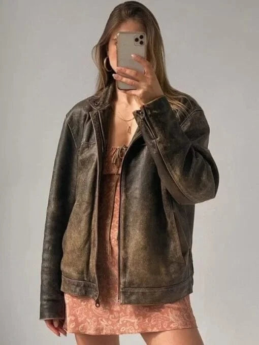 Thread Masters INC Women Oversized Distressed Brown Genuine Leather Jacket