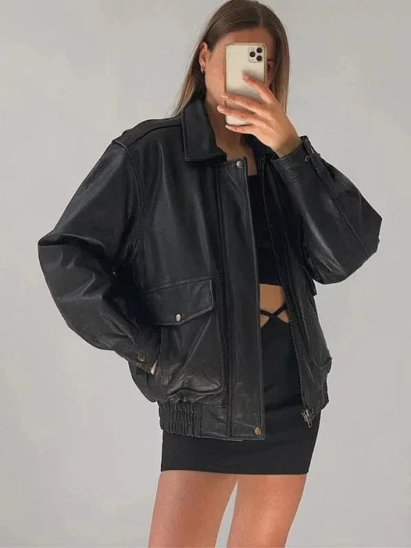 Thread Masters INC Women Oversized Retro Vintage Baggy Drapey Black Leather Jacket