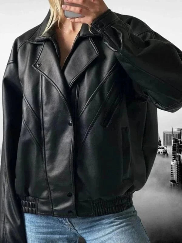 Thread Masters INC Women Vintage Retro Oversized Classic Black Leather Jacket