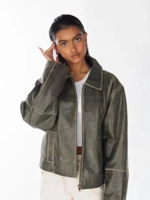 Thread Masters INC Womens 90s Distressed Boxy Leather Jacket