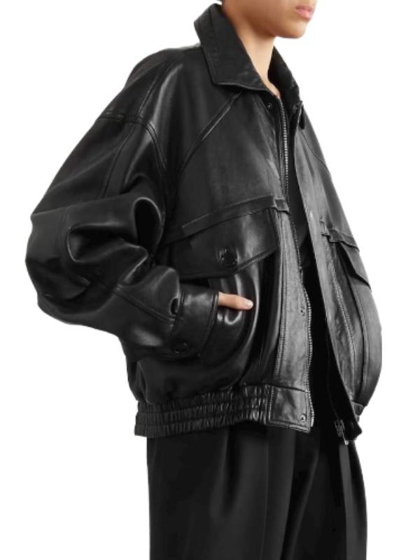 Women's 90s Vintage Oversized Black Leather Bomber Jacket