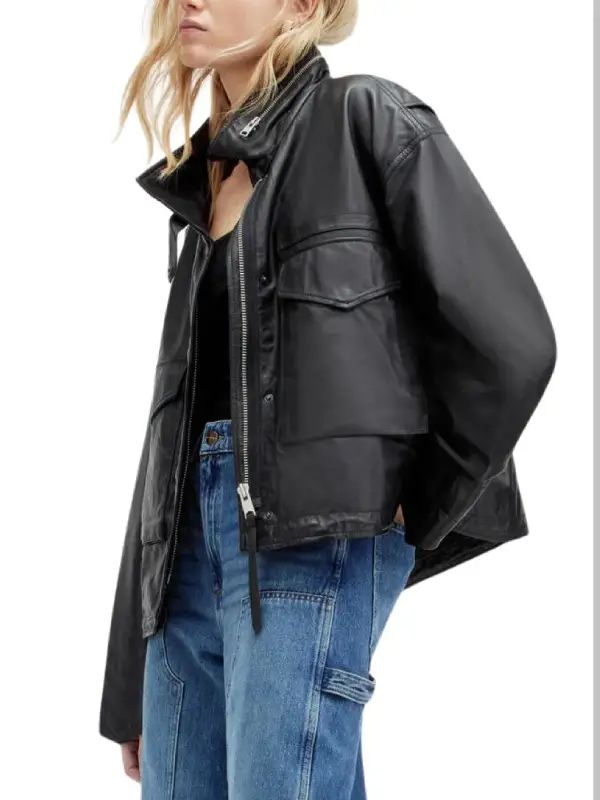 Womens Black Slouchy Leather Jacket Oversized