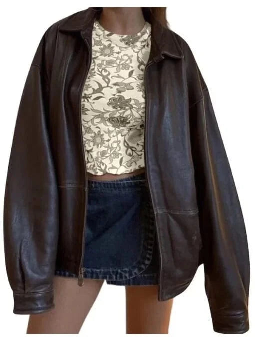 Thread Masters INC Womens Brown 90s Oversized Y2K Leather Jacket