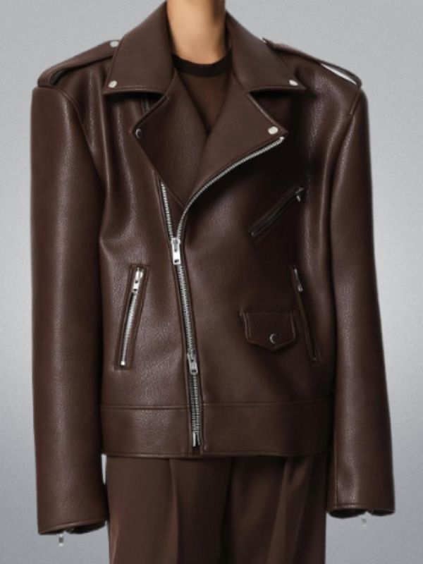 Brown leather jacket with zippers on a gray background