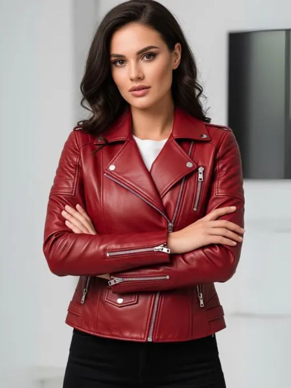 Women's Handcrafted Quilted Red Leather Biker Jacket