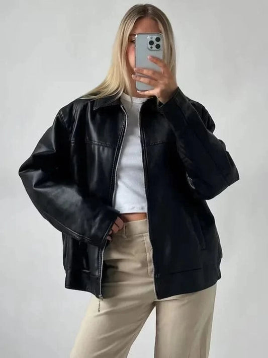 Thread Masters INC Womens Oversized 90’s Bomber Black Leather Jacket