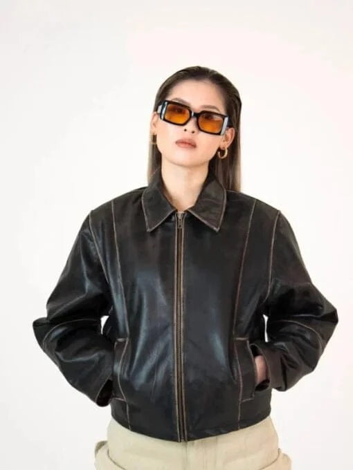 Thread Masters INC Womens Oversized 90s Distressed Brown Boxy Leather Jacket