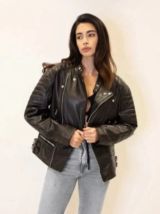 Thread Masters INC Womens Oversized 90s Quilted Vintage Retro Biker Leather Jacket