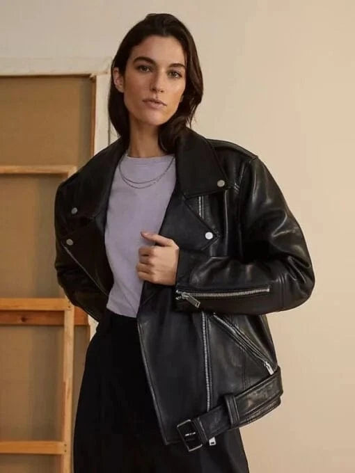 Womens Oversized 90s Vintage Retro Biker Black Leather Jacket
