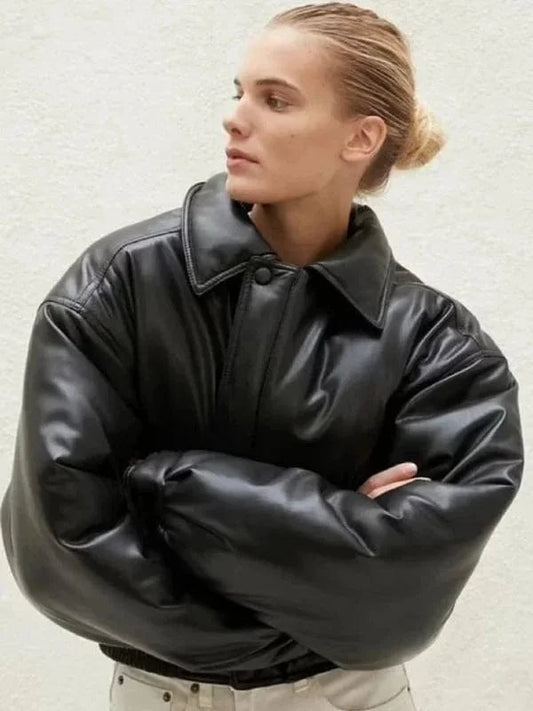 Thread Masters INC Womens Oversized Bomber Black Leather Jacket