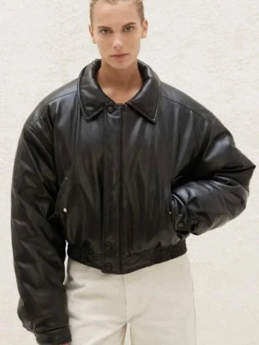 Thread Masters INC Womens Oversized Bomber Black Leather Jacket
