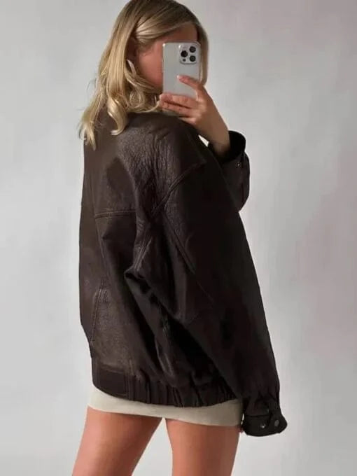 Thread Masters INC Womens Oversized Real Leather Bomber Brown Jacket