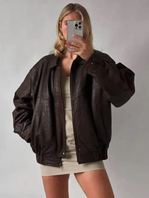Thread Masters INC Womens Oversized Real Leather Bomber Brown Jacket