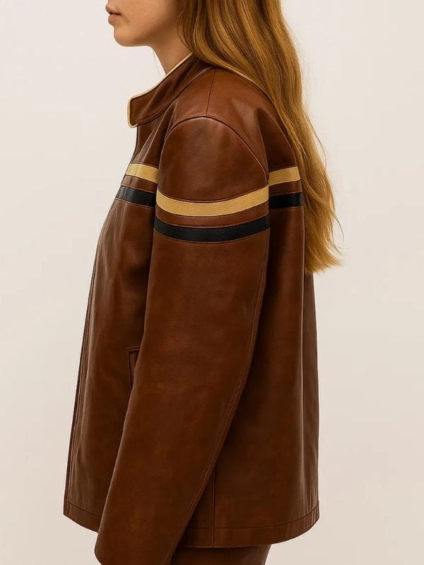 Thread Masters INC Womens Stylish Brown Leather Oversized Stripe Jacket