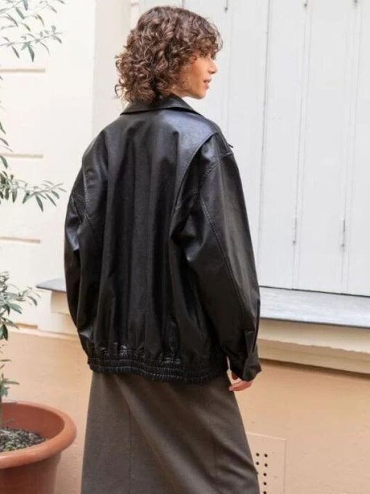 Thread Masters INC 90's Oversized Black Real Leather Jacket For Women