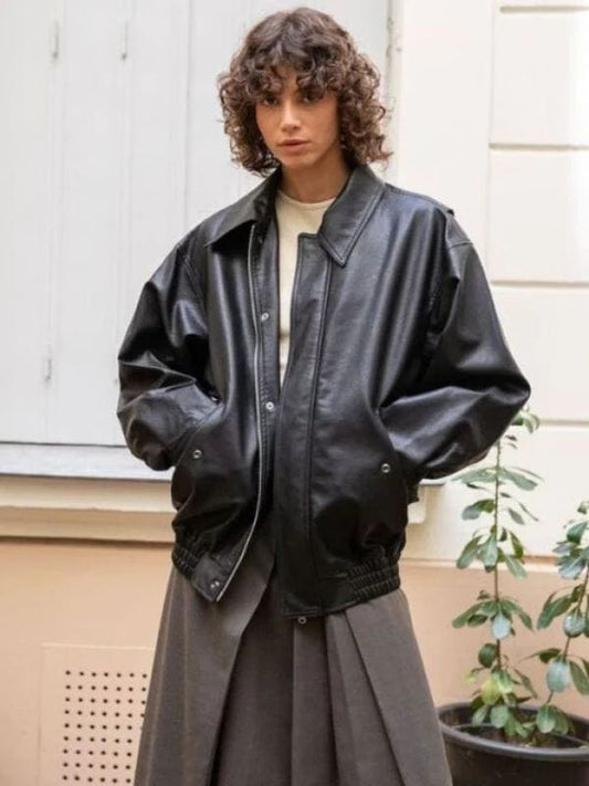 Thread Masters INC 90's Oversized Black Real Leather Jacket For Women